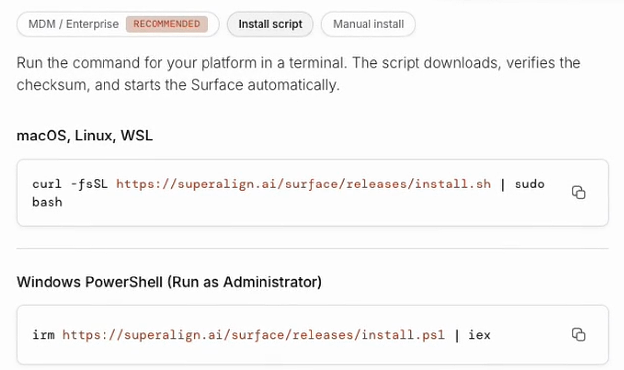 The Install script tab on the console’s Downloads page, with the macOS and Windows commands