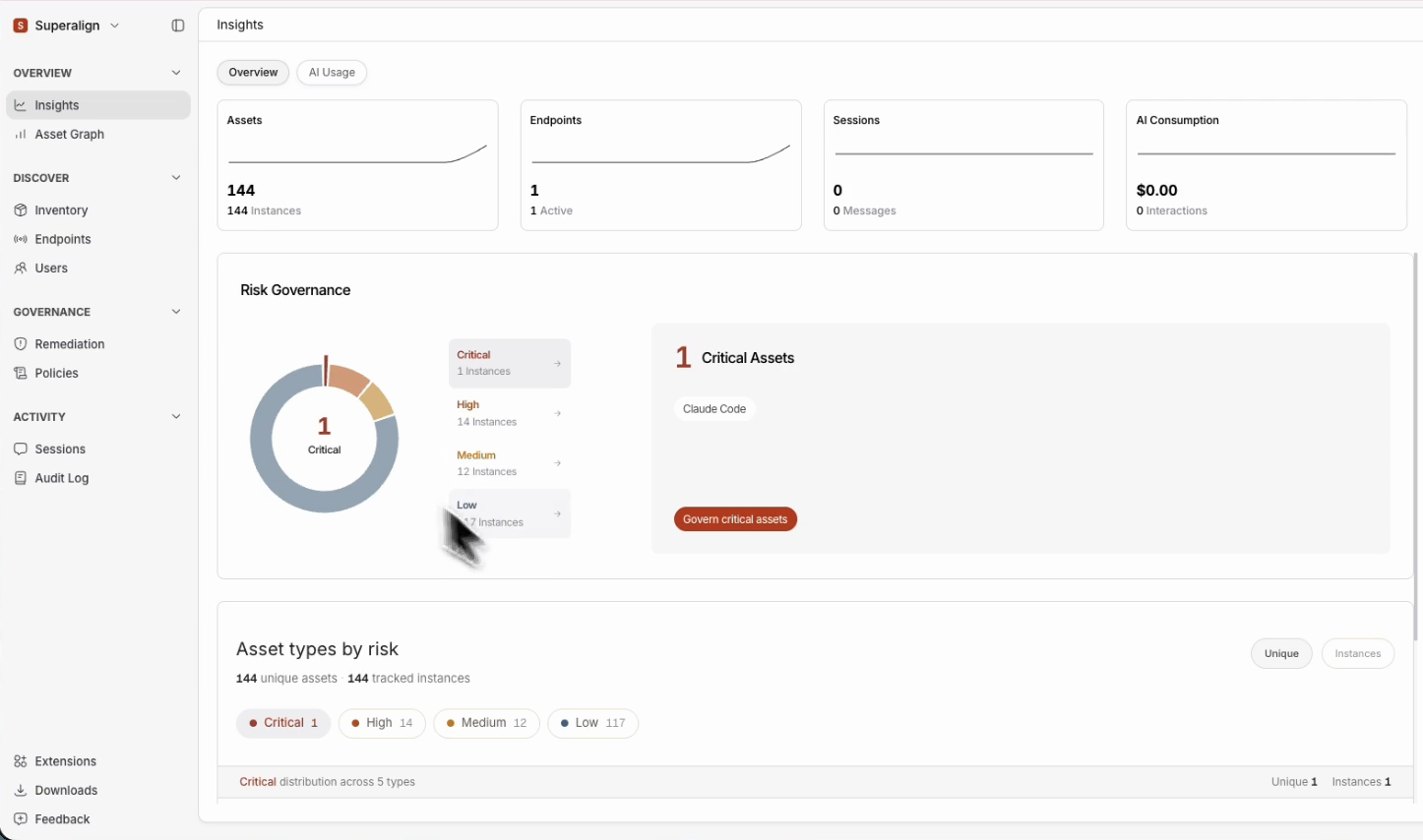 The Insights page showing assets, one active endpoint, and one critical asset