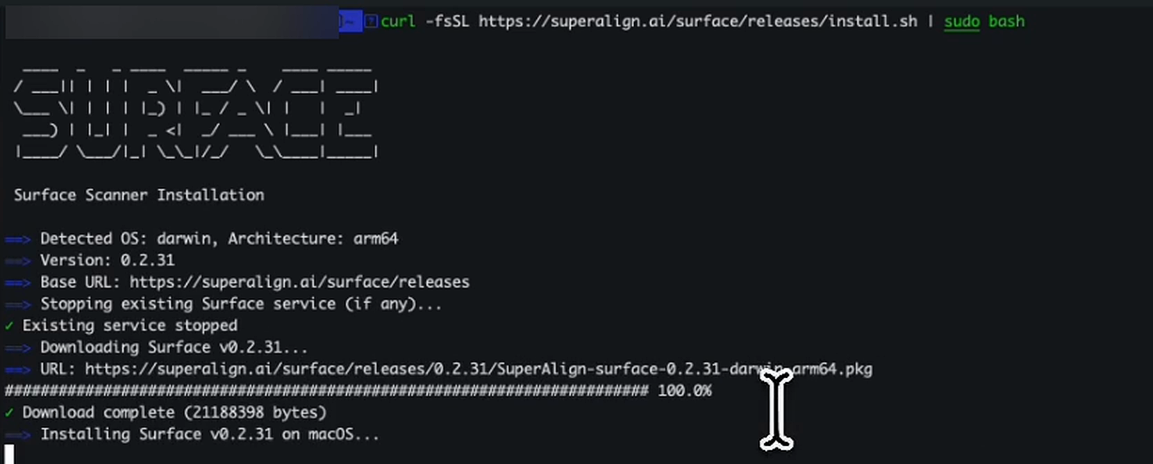 Terminal output of the install script detecting macOS, downloading the package, and installing it
