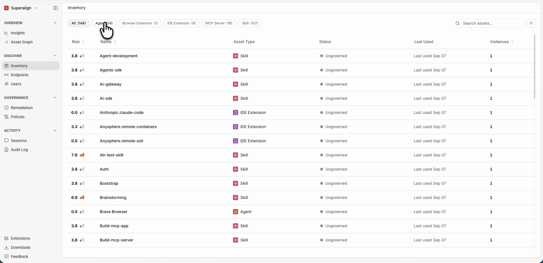 The Inventory page listing discovered tools with risk score, asset type, and status