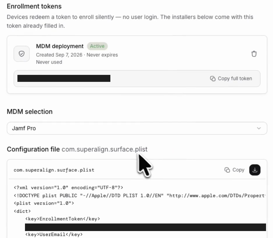 The MDM / Enterprise tab with an active token, Jamf Pro selected, and the com.superalign.surface.plist preview