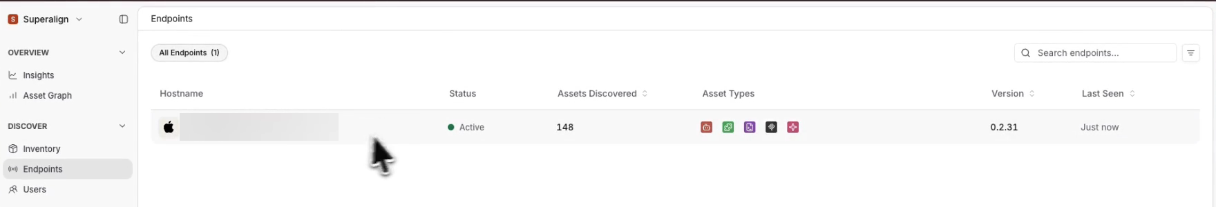 The Endpoints page listing the Mac as Active with 148 assets discovered, version 0.2.31, last seen just now