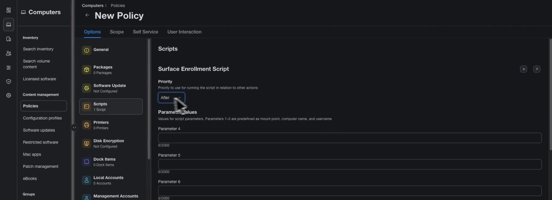 Jamf Pro policy Scripts payload with Surface Enrollment Script at priority After