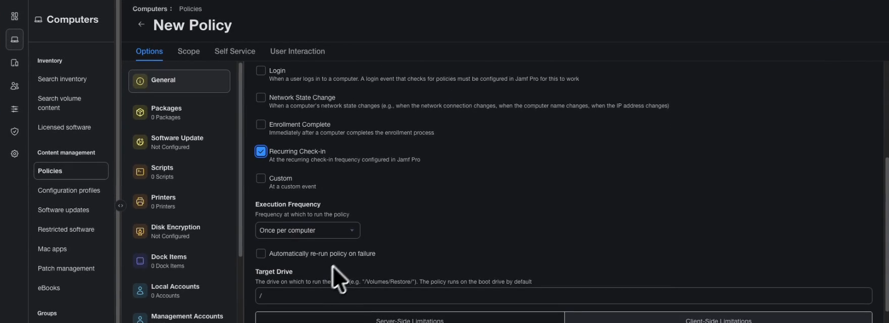 Jamf Pro New Policy with Recurring Check-in ticked and Execution Frequency set to Once per computer