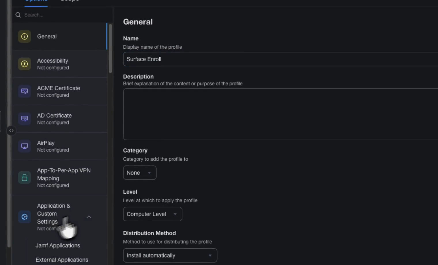 Jamf Pro New macOS Configuration Profile, General payload, named Surface Enroll at Computer Level with Install automatically