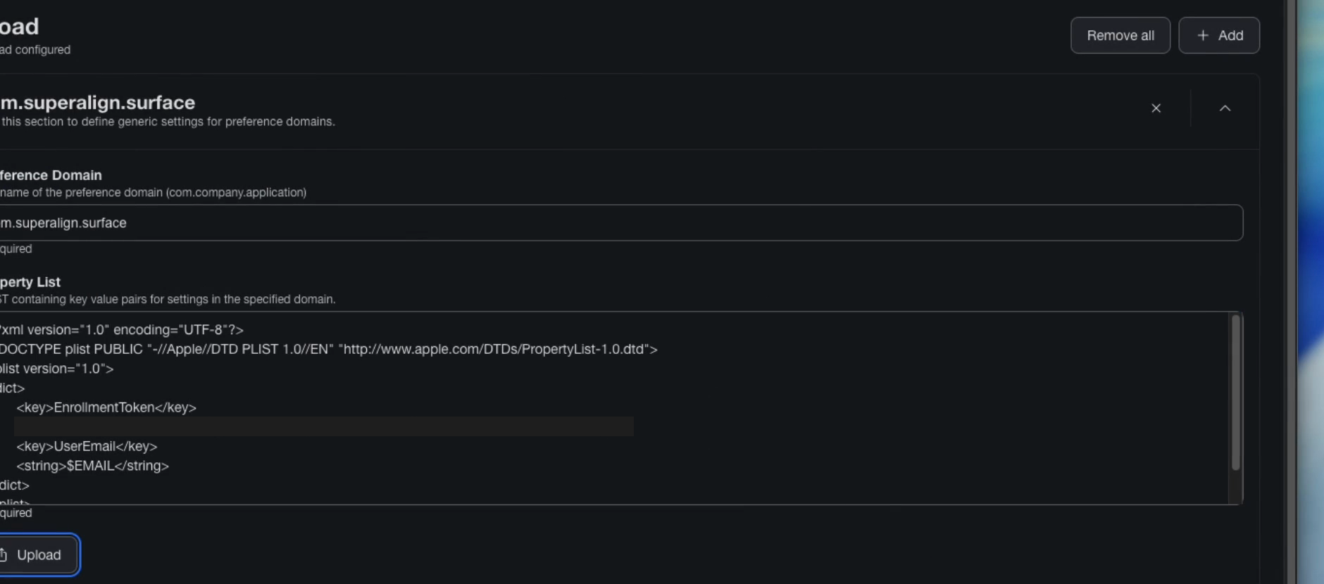 Jamf Pro custom settings payload with the com.superalign.surface preference domain and the uploaded plist