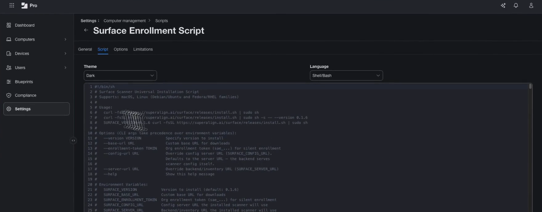 Jamf Pro Surface Enrollment Script with Shell/Bash selected and install.sh pasted in