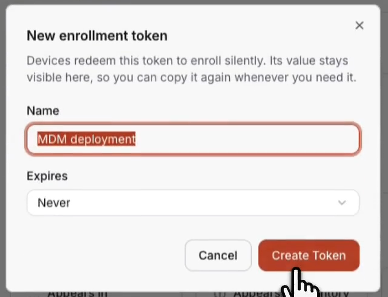 The New enrollment token dialog with a name and an expiry